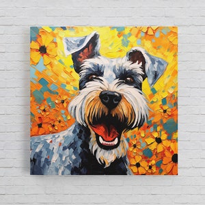Van Gogh Inspired Schnauzer Pop Art Canvas, Colorful Dog Portrait With Free Shipping