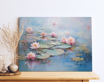 May include: A painting of pink water lilies on a blue pond with green lily pads. The water lilies are in various stages of bloom and the water is calm and reflective.