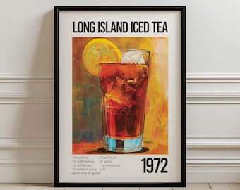 Long Island Iced Tea Rezept-Druck, Warm Amber Fünf-Geister-Cocktail-Kunst, 1972