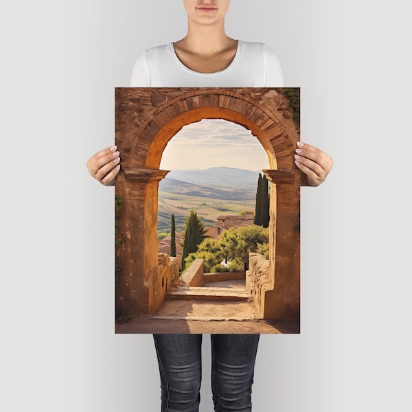Archway Looking At Tuscany Hills, Italian Wall Art Home Decor, Italy Travel Poster With  Free Shipping