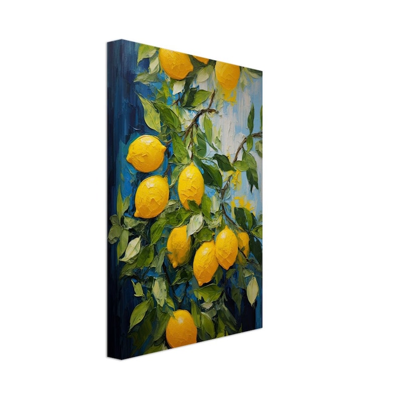 An original oil painting canvas print of vibrant lemons against a blue background. Available in multiple seizes with free shipping.