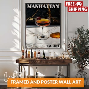 Póster vintage de Manhattan, impresión de carrito de bar de whisky, arte mural de whisky para bar o cocina, solo póster o enmarcado.