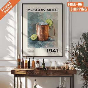 Póster vintage de Moscow Mule, impresión de carrito de bar con receta de cóctel, arte mural de vodka para bar o cocina, solo póster o enmarcado.