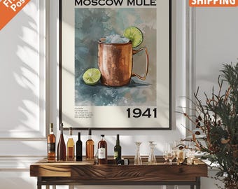 Vintage Moscow Mule Poster, Cocktail Recipe Bar Cart Print, Vodka Drink Wall Art For Bar Or Kitchen, Poster Only Or Framed