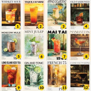 A set of 2 vintage bar cocktail drink wall art posters with recipes & the year created. Choose 2 from our 27 designs. Available in multiple sizes with free shipping. (Poster only no frame included, shown framed for illustration purposes only)