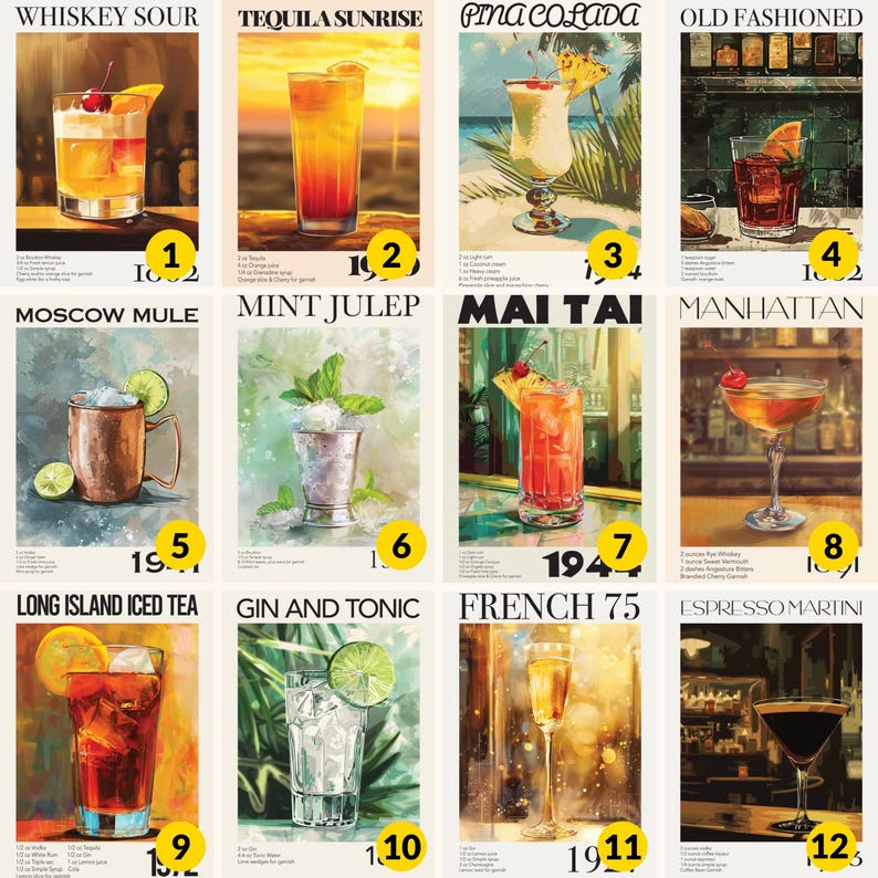 A set of 2 vintage bar cocktail drink wall art posters with recipes & the year created. Choose 2 from our 27 designs. Available in multiple sizes with free shipping. (Poster only no frame included, shown framed for illustration purposes only)