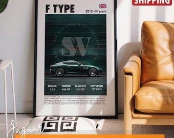 Vintage Jaguar F Type Car Poster Print, Classic Sportscar Mancave Decor