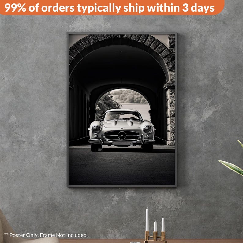 Mercedes 300 SL Gullwing Poster: Black & White Classic Car Print - Etsy ...