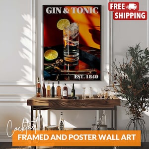 Póster vintage de gin-tonic, impresión de carrito de bar de cócteles G&T, arte mural clásico de ginebra para bar o cocina, solo póster o enmarcado.