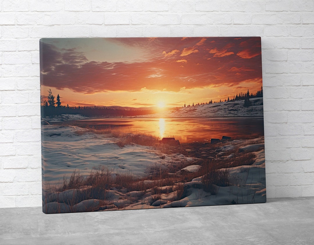 Winter Lake Sunset Canvas Art: Snowy Landscape Wall Decor - Etsy