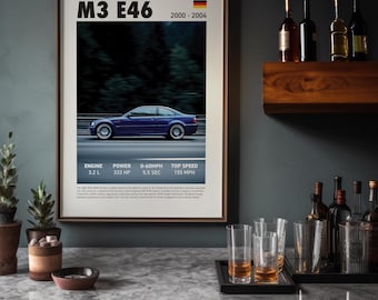 BMW M3 E46 Car Poster, Blue Sports Car Print, Garage Wall Art