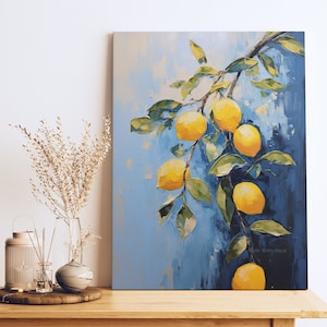 Lemon Tree Fruit Canvas, Yellow Fruit Blue Kitchen Decor, Lemon Painting Vibrant, Wall Art For Home Decor