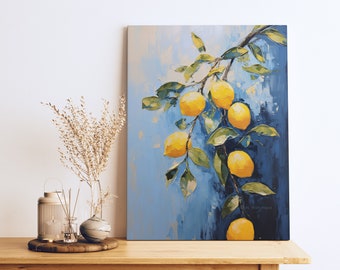 Lemon Tree Fruit Canvas, Yellow Fruit Blue Kitchen Decor, Lemon Painting Vibrant, Wall Art For Home Decor