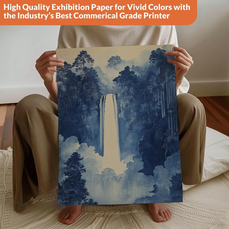 A traditional Japanese Hokusai waterfall poster wall art in blue. Available in multiple sizes with free shipping. (Poster only, no frame included, shown for illustration purposes only)