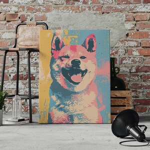 A modern Andy Warhol style dog portrait of a Shiba Inu. Available in multiple sizes with free shipping. (Rolled canvas only, no frame or stretcher bars included, seen hanging for illustration purposes only)