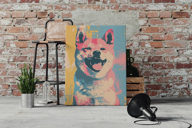 A modern Andy Warhol style dog portrait of a Shiba Inu. Available in multiple sizes with free shipping. (Rolled canvas only, no frame or stretcher bars included, seen hanging for illustration purposes only)