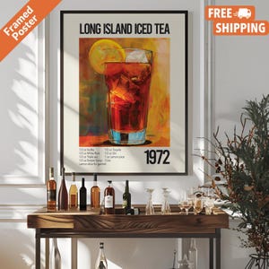 Impresión de cóctel de té helado Long Island, póster vintage de carrito de bar, arte mural de bebida de ron, vodka, tequila y ginebra para bar o cocina, póster o marco