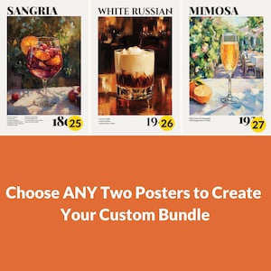 A set of 2 vintage bar cocktail drink wall art posters with recipes & the year created. Choose 2 from our 27 designs. Available in multiple sizes with free shipping. (Poster only no frame included, shown framed for illustration purposes only)