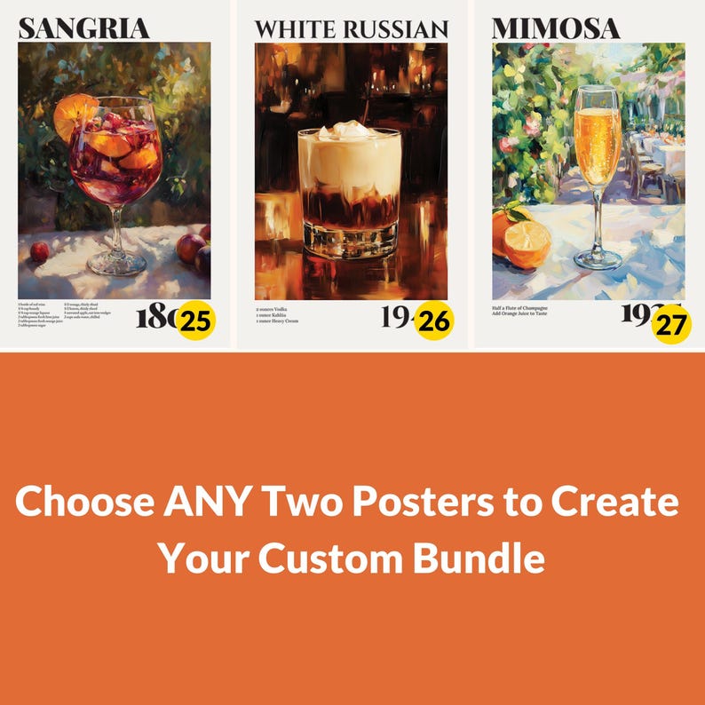 A set of 2 vintage bar cocktail drink wall art posters with recipes & the year created. Choose 2 from our 27 designs. Available in multiple sizes with free shipping. (Poster only no frame included, shown framed for illustration purposes only)