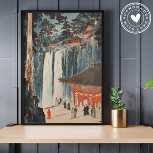 Hokusai Ukiyo-e Waterfall Print: Japanese Temple Landscape Art