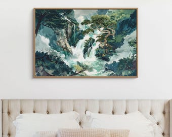 Pode incluir: Uma pintura em aquarela de uma cachoeira caindo por um penhasco rochoso, cercada por árvores verdes exuberantes e folhagem. A pintura tem um toque suave e de sonho, com nuvens tênues e uma sensação de tranquilidade.