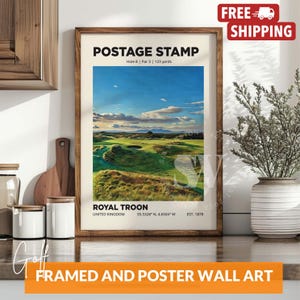 Briefmarke mit Loch 8, Royal Troon Golf Club Poster Wandkunst, gerahmter Druck zum Golfplatz, Golfspieler Geschenke, Golf Club Dekor