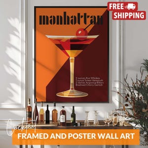 Póster vintage de Manhattan con receta de cóctel Martini, impresión de carrito de bar, bebida de vodka, arte mural moderno para bar o cocina, solo póster o enmarcado.