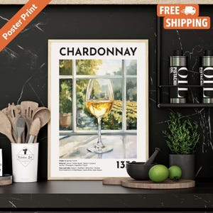 Decoración vintage de bar de vinos blancos Chardonnay, impresión de bar de vinos, arte mural para amantes del vino blanco para bar o cocina, póster solo o enmarcado.