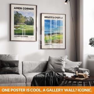 The famous Bruce's Castle 9th hole, at Turnberry in Scotland, golf poster wall art print. Choose from multiple sizes, poster only or 4 framed in 4 frame colors, with shipping included.