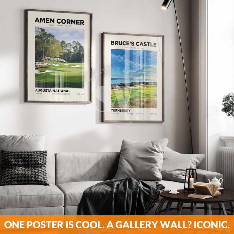 The famous Bruce's Castle 9th hole, at Turnberry in Scotland, golf poster wall art print. Choose from multiple sizes, poster only or 4 framed in 4 frame colors, with shipping included.