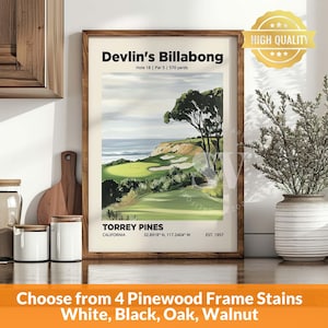 May include: A framed print of a golf course with the text "Devlin's Billabong" and "Torrey Pines" in a black and white color scheme. The print includes the hole number, par, yardage, location, and year established. The print is framed in a pinewood frame.