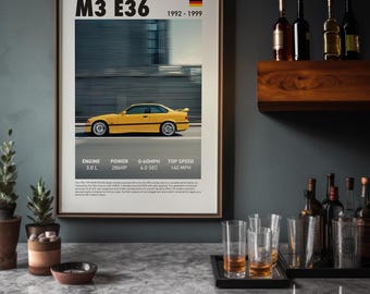 BMW M3 E36 Car Poster, Yellow Sports Car Print, Garage Wall Art