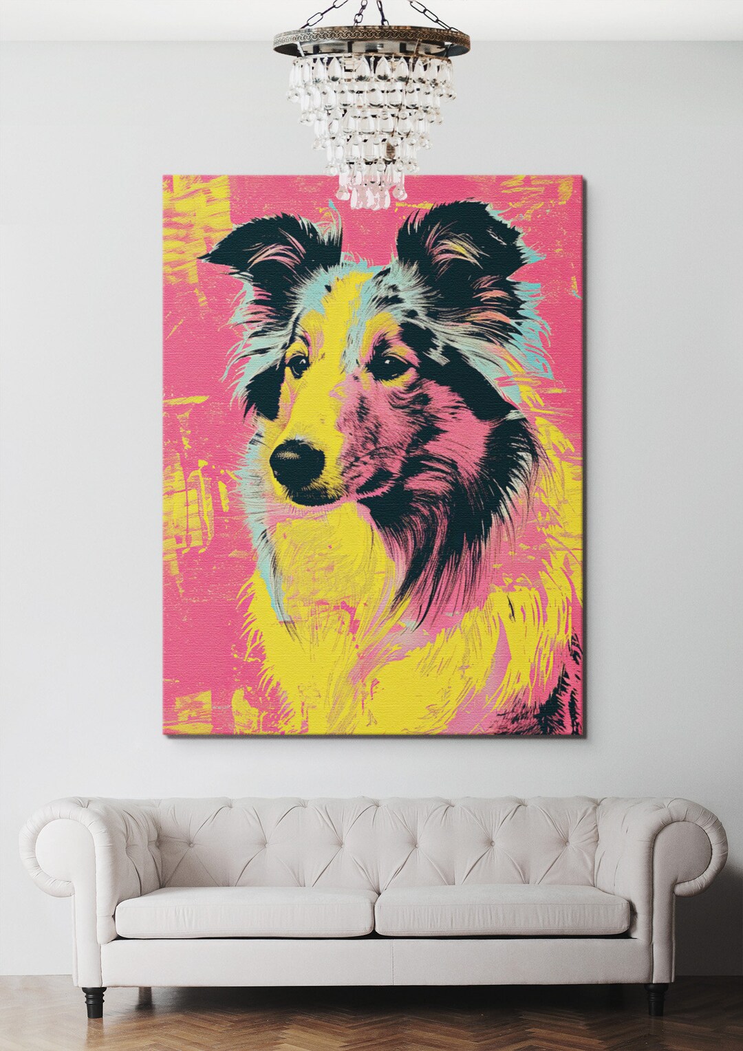 Modern Andy Warhol Style Shetland Sheepdog Dog Portrait Rolled Canvas