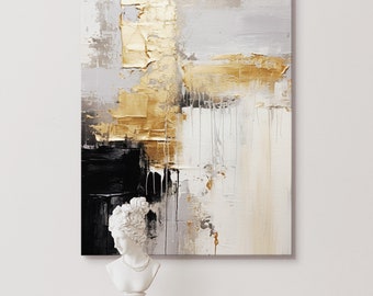 May include: Abstract painting with gold, black, and white paint on a canvas. The painting is hanging on a white wall above a white pedestal with a white bust of a woman.