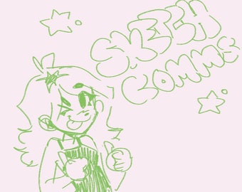 May include: A green line drawing of a person with curly hair giving a thumbs up. The person is wearing a striped shirt and shorts. A thought bubble above the person's head says "Super Comme."