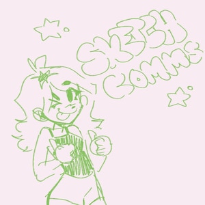 May include: A green line drawing of a person with curly hair giving a thumbs up. The person is wearing a striped shirt and shorts. A thought bubble above the person's head says "Super Comme."