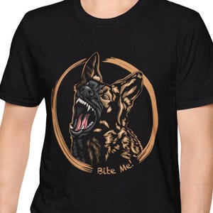 Bite Me German Shepherd Unisex Softstyle T-Shirt, Dog Lover Tee, Bite Sport Logo Shirt, Canine Enthusiast Top, Animal Graphic Tee