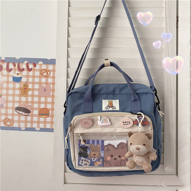 Sac Ita, présentoir à épingles, pendentif ours inclus, sac à dos Ita Kawaii Bleu