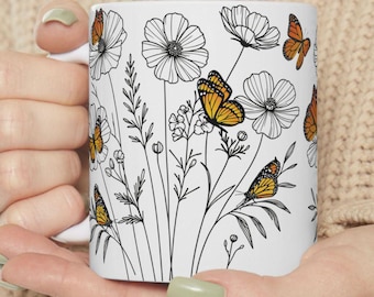 Monarch Butterfly Mug Gift For Butterfly Lover Botanical Whimsical Gift For Her Insect Floral Gift Monarch Butterfly Coffee Cup Gardner