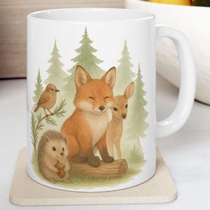 Woodland Animal Coffee Mug: Fox, Deer, Hedgehog & Bird