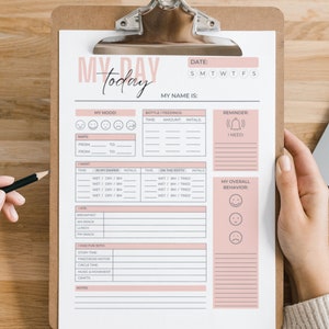 May include: A printable daily log for tracking a child's activities, including naps, meals, diaper changes, potty training, and overall behavior. The log has sections for recording time, amount, and initials. It also includes a section for notes and a reminder section.