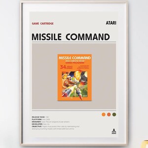 May include: A framed poster of the Atari game "Missile Command." The design is minimalist, with the game title in bold text and a colourful image of the game cartridge. The poster includes game details and the Atari logo.
