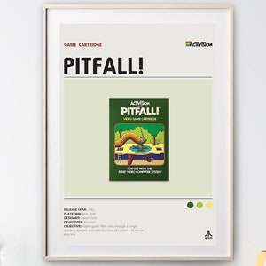 May include: A framed poster with a retro video game cartridge design. The poster is green and yellow and features the text "PITFALL!" and "ACTIVISION".