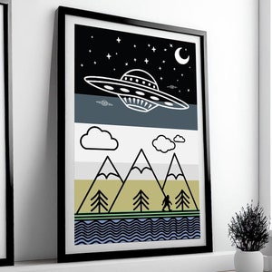 UFO and Bigfoot Art Print: Minimalist Cryptid Line Art (Giclée)
