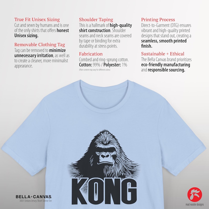 Lightweight and comfortable King Kong T-shirt with a breathable cotton-polyester blend, making it ideal for casual wear or gifting to jungle animal enthusiasts.