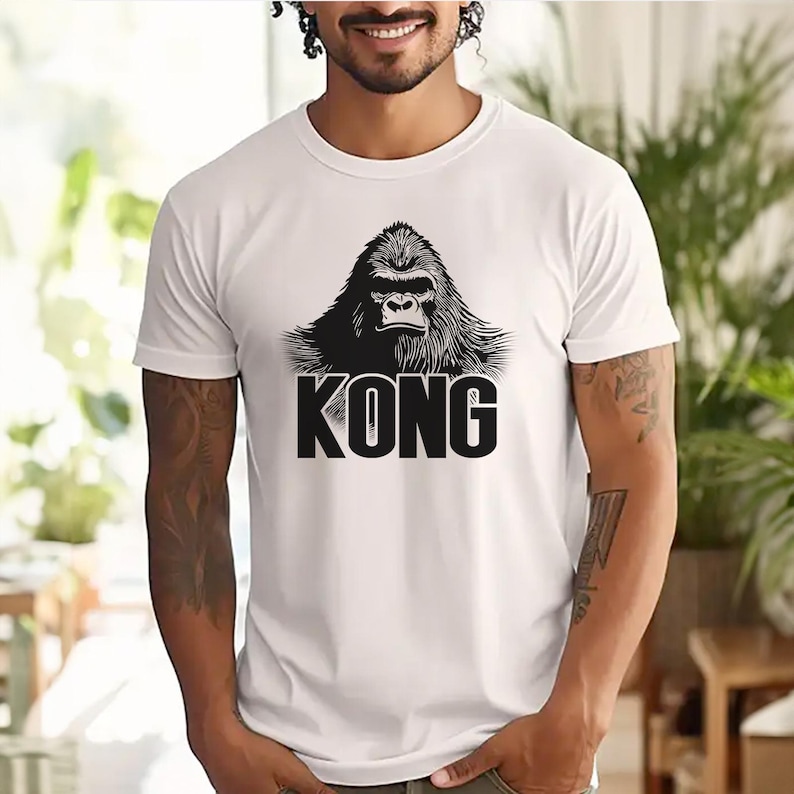 High-quality King Kong-inspired T-shirt for men and women, showcasing a unique gorilla graphic design. Perfect for fans of classic movies or bold fashion statements.