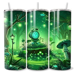 May include: A green and white stainless steel tumbler with a whimsical forest scene. The design features a clock, mushrooms, and glowing lights.