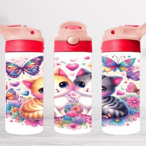 Orange Grey Kittens 12oz Kids Flip Top Sippy Cup Tumbler Wrap,12oz Straight Tumbler Sublimation PNG,Childrens Kitty Tumbler Wrap For Girls