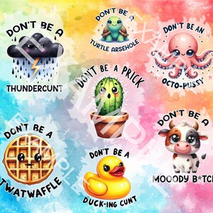 May include: A colorful illustration with a variety of cartoon animals and the text "Don't be a..." with different humorous insults. The animals include a turtle, octopus, cactus, waffle, duck, and cow.