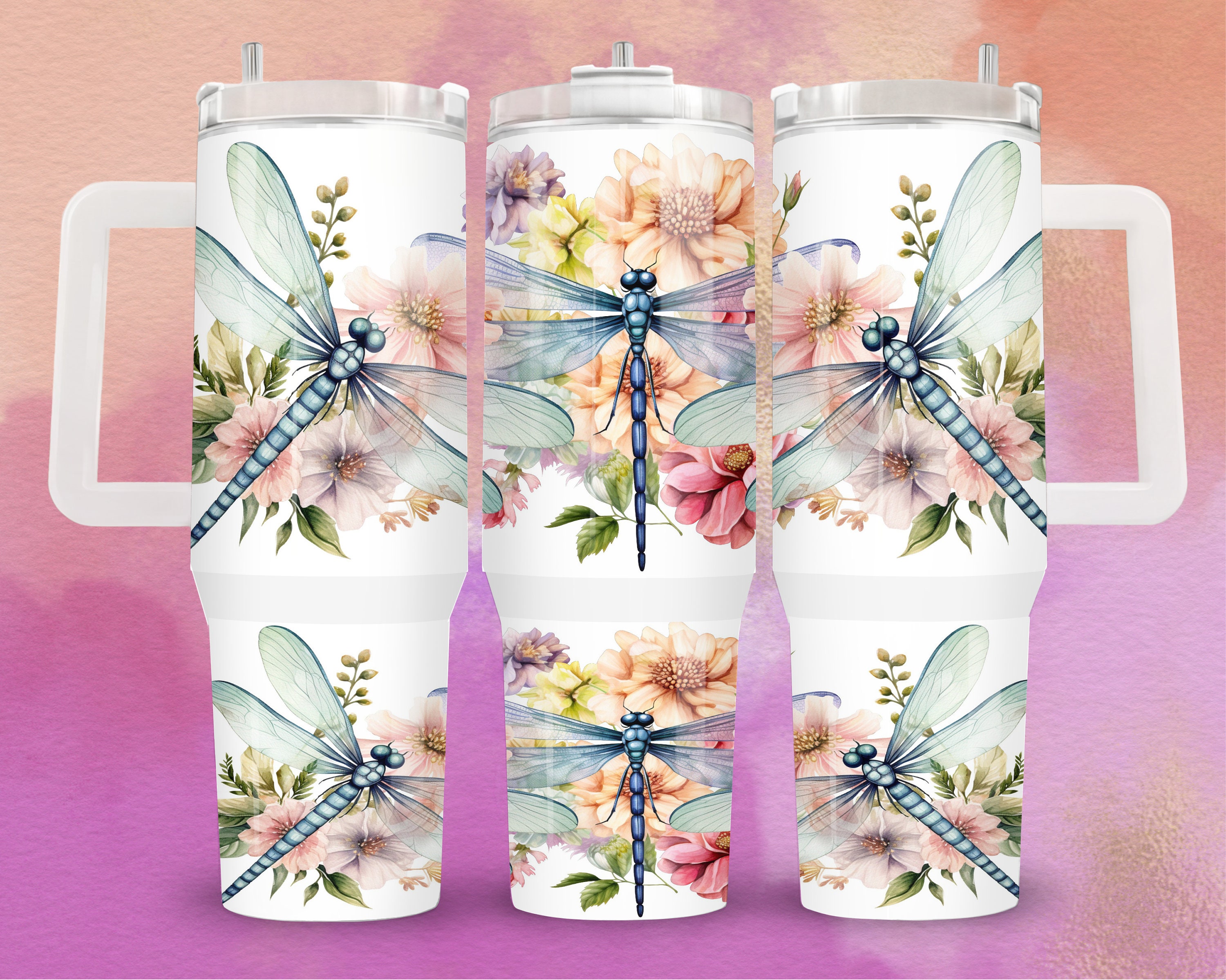 40oz Tumbler Wrap Floral Dragonfly, Sublimation Design Templates, 40oz png Digital Download, Clip Art Download, 40oz Tumbler With Handle